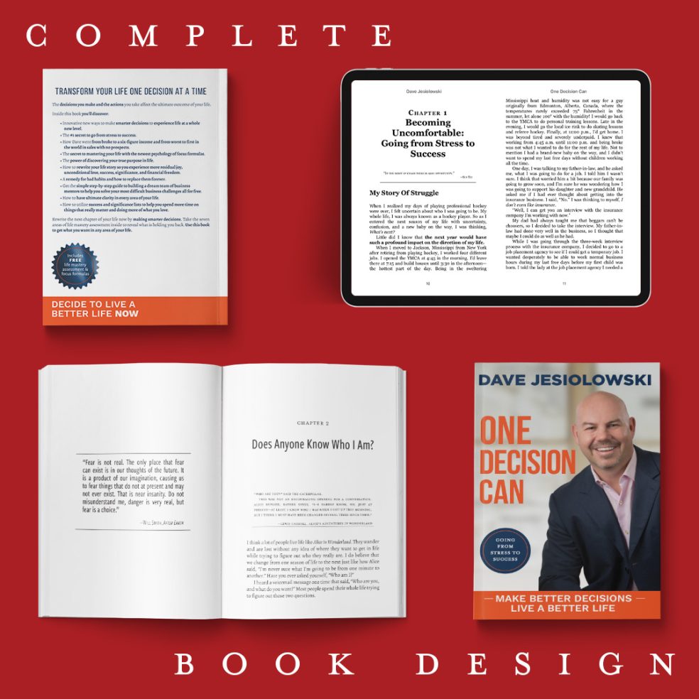 Example of what the print layout and ebook versions of the book ONE DECISION CAN looks like. There's also previews of the front and back cover of the book.