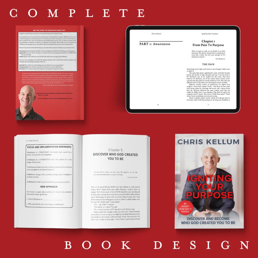 Examples of the ebook and print layout of the book IGNITING YOUR PURPOSE by Chris Kellum. There's also a preview of the front and back cover of the book.