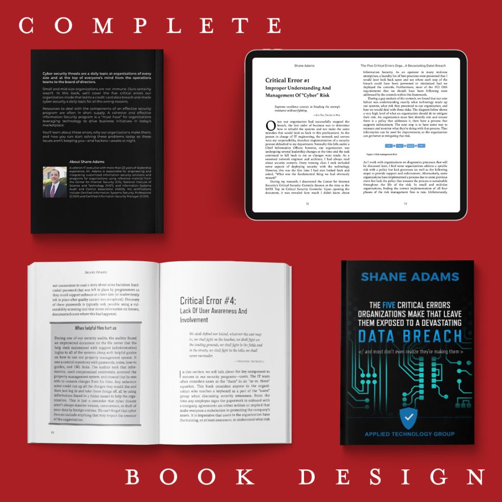 Examples of what the ebook and print version of the book THE FIVE CRITICAL ERRORS by Shane Adams looks like. Also included are the front and back covers.