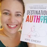 Kris Emery smiling and holding her book Destination Author next to her face