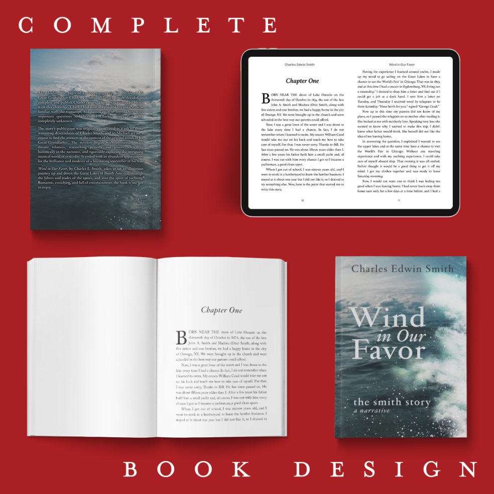 A preview of the cover, inside of the print book, and ebook of Wind in Our Favor by Charles Edwin Smith