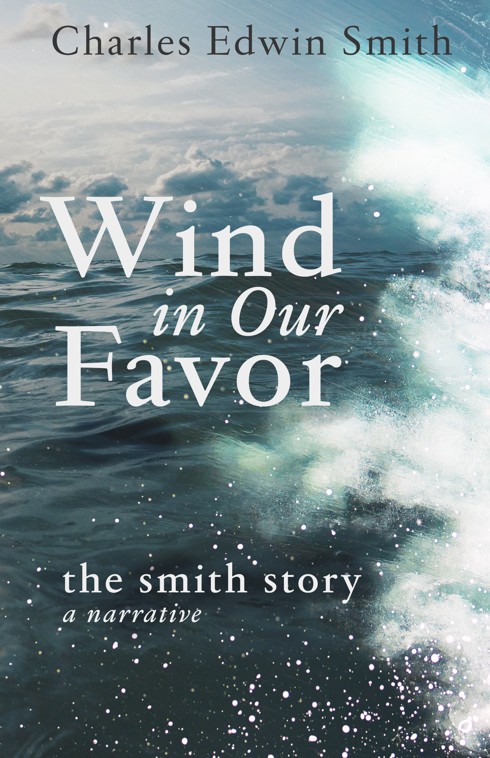 The ocean looks tranquil but to the right, the sky looks darker. A large spray of water overlays across from the right, coming toward the middle and directing the eye to the title: WIND IN OUR FAVOR. Below, it says The Smith Story. A Narrative.